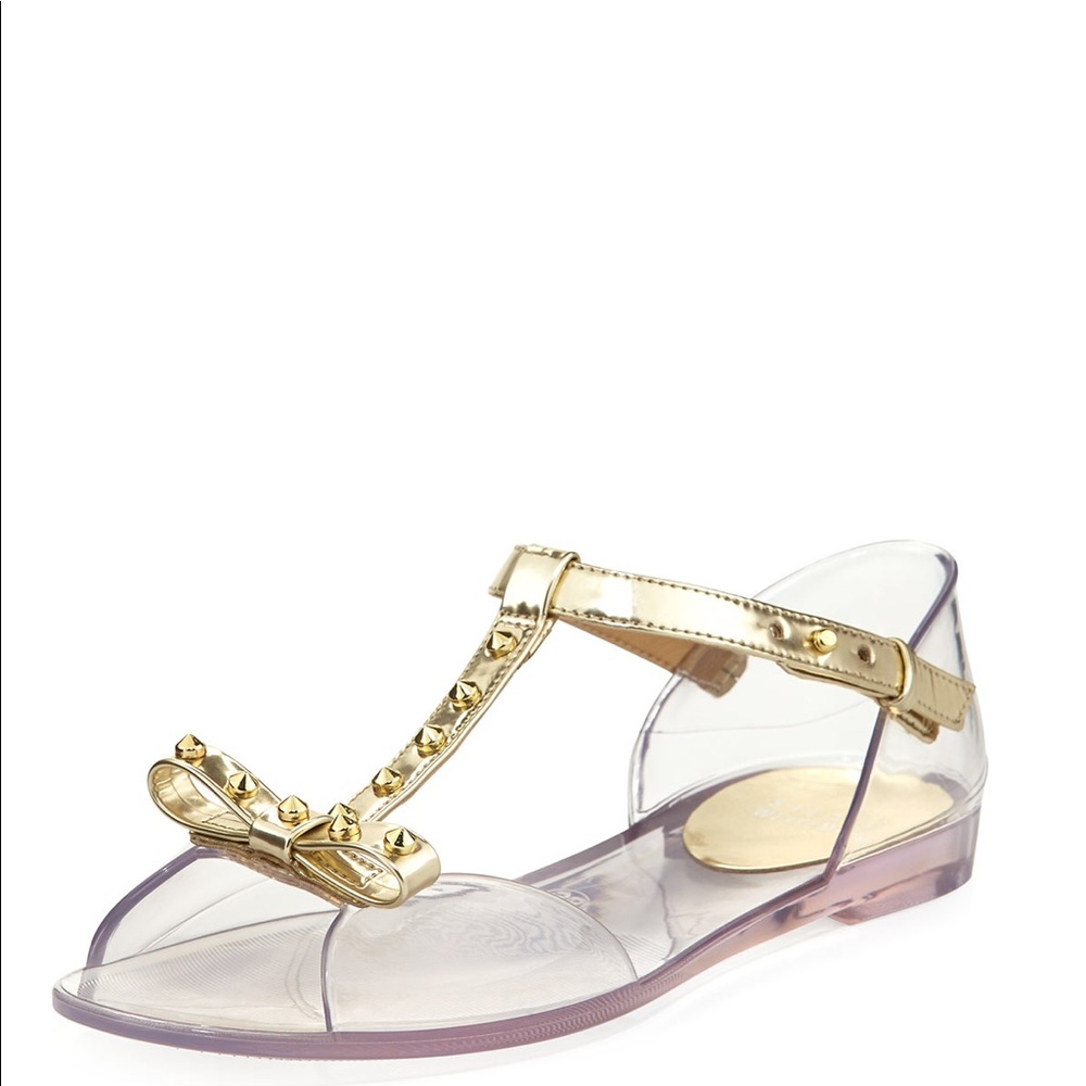 Stewart weitzman gold bow rockstud jellies